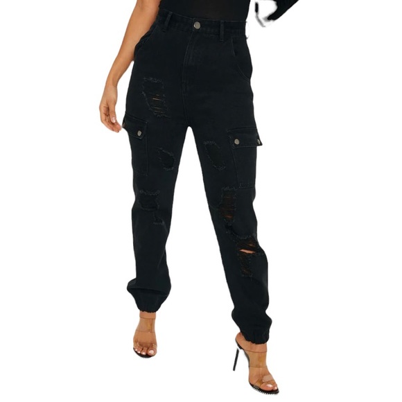 PrettyLittleThing Black Distressed Jogger Cargo Pants NWT US Size 8 - Picture 11 of 11
